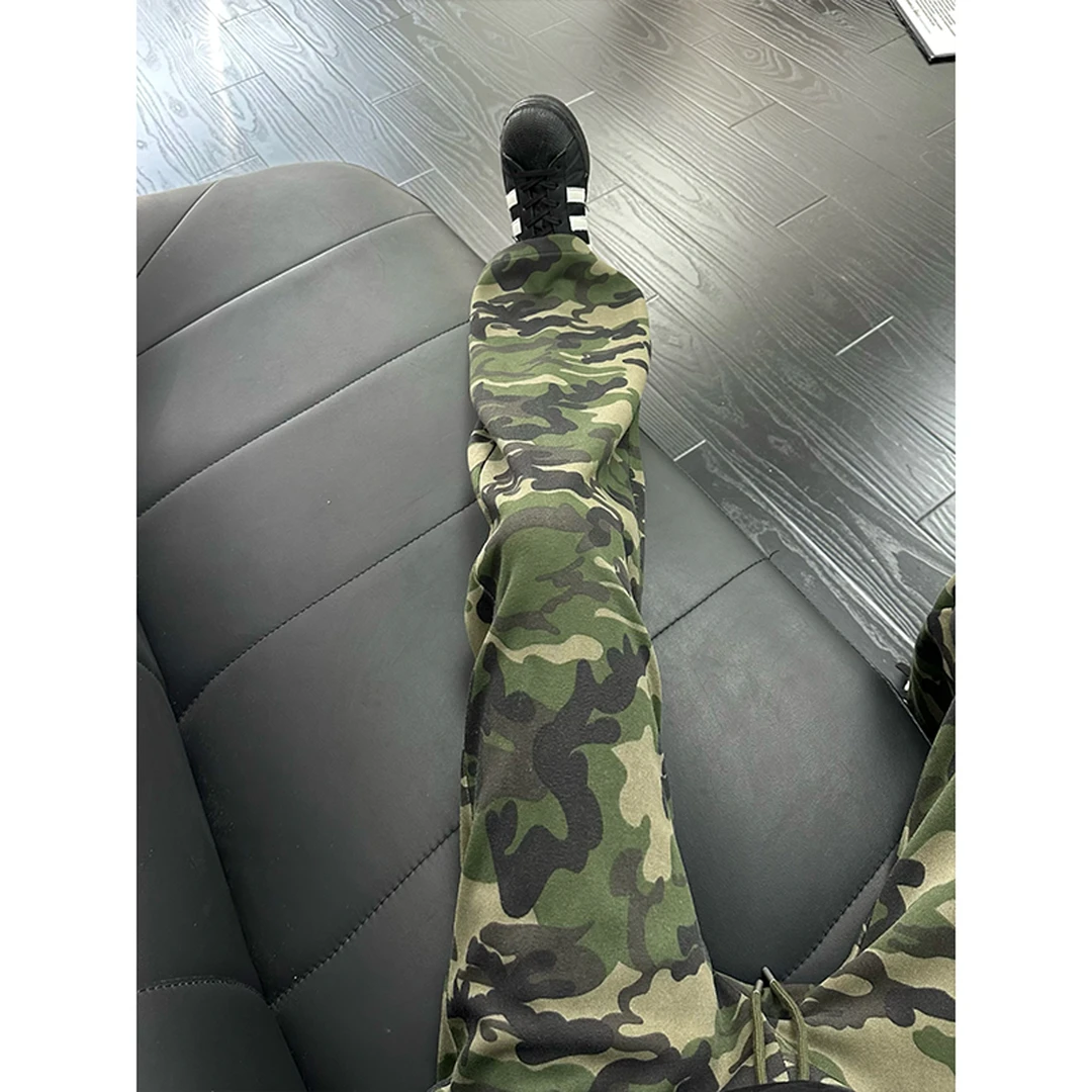 水洗迷彩卫裤男款春秋美式复古弯刀阔腿休闲微喇裤子直筒运动长裤