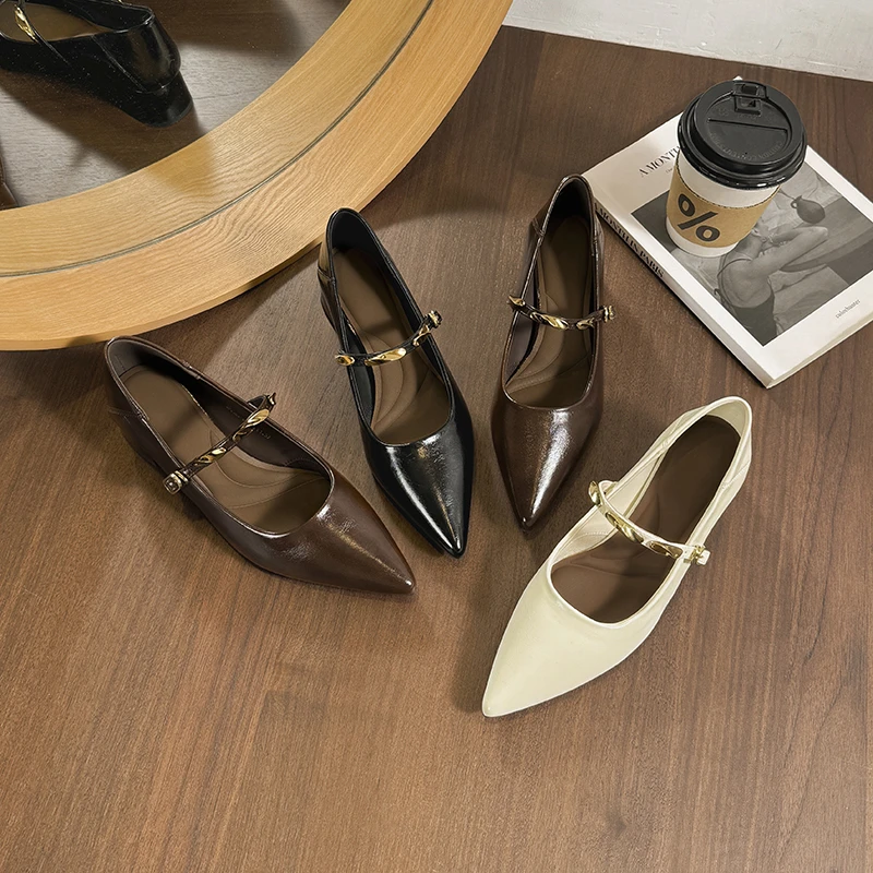 真皮尖头玛丽珍2025新款秋季浅口复古气质百搭粗跟高跟鞋