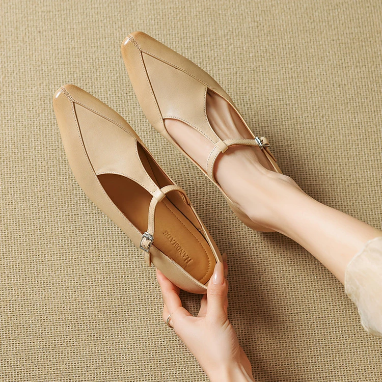 真皮复古小方头玛丽珍鞋女法式平底丁字带小皮鞋软底镂空舒适单鞋