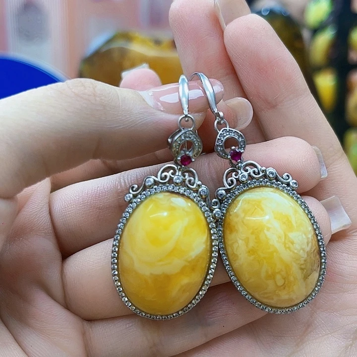 琥珀银S925镶嵌戒指耳环