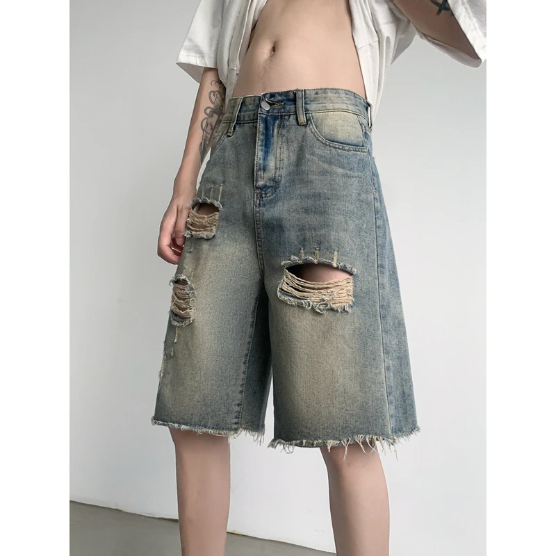 夏天破洞牛仔短裤男士痞帅复古水洗做旧裤子设计感小众嘻哈五分裤