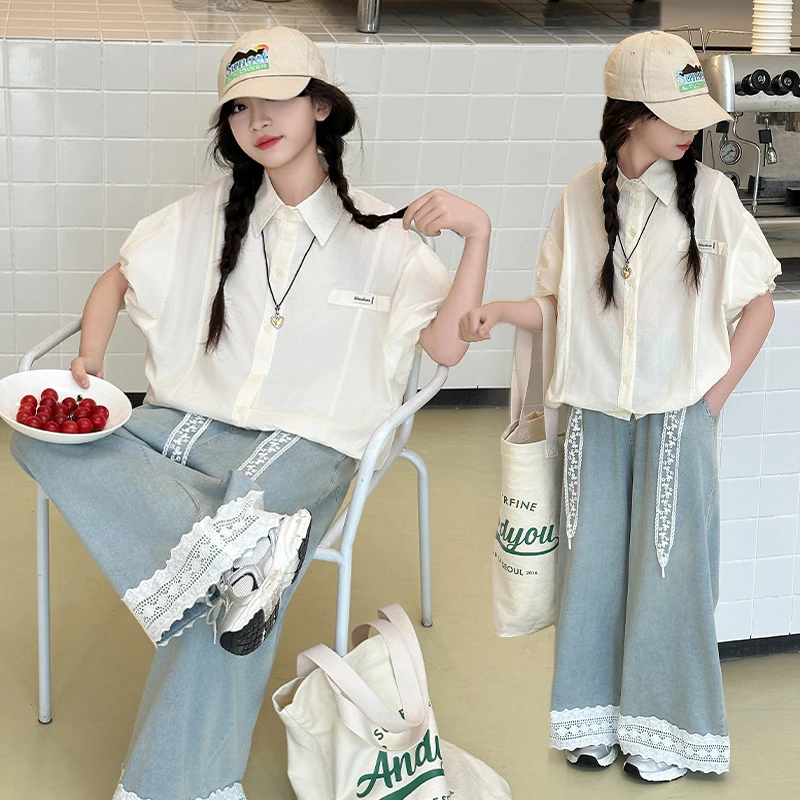童装女童夏季简约洋气花边牛仔裤衬衫套装6-12岁15中大童女孩套装