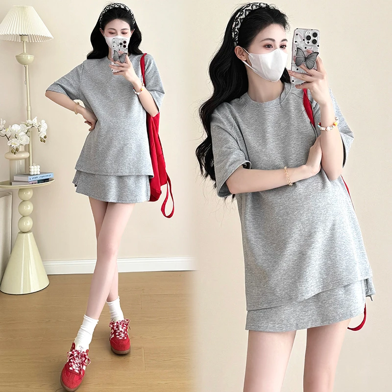 孕妇上衣夏季时尚圆领休闲显瘦洋气减龄百搭上衣＋防走光短裙套装