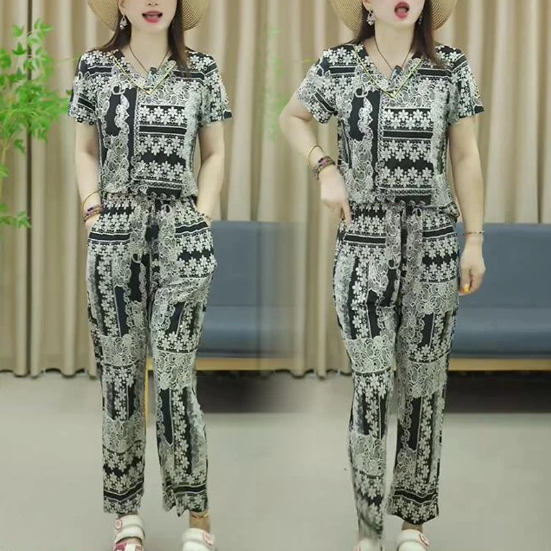 奶奶夏装冰丝套装老人衣服女50岁妈妈短袖老太太老年人夏天两件套