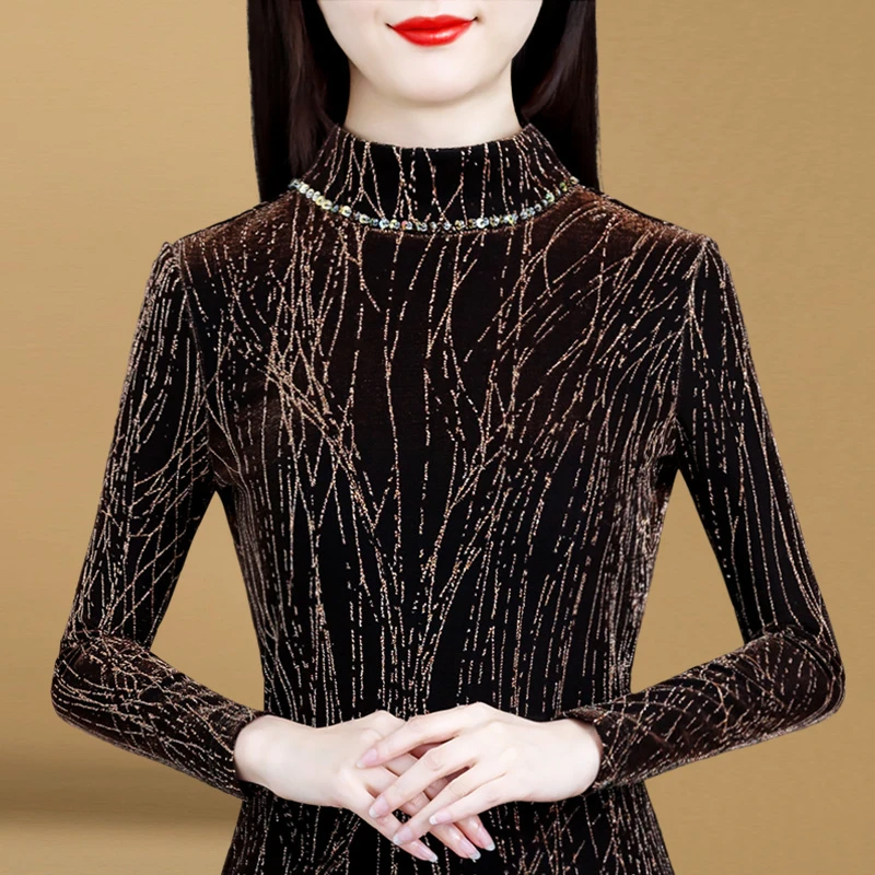 10125半高领上衣女加绒加厚网纱打底衫