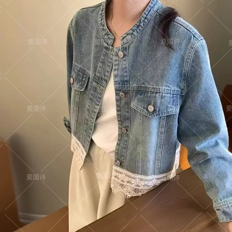 2025春季新款复古蕾丝拼接花边做旧牛仔外套圆领设计感宽松外搭女