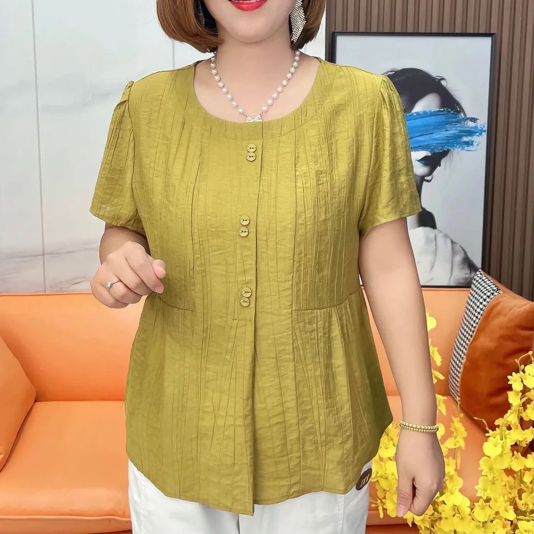 高端夏季新款中年妈妈装宽松圆领短袖小衫遮肚子显瘦百搭