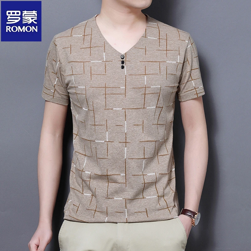 罗蒙夏季薄款透气V领短袖t恤男格子冰丝时尚百搭鸡心领半袖上衣服