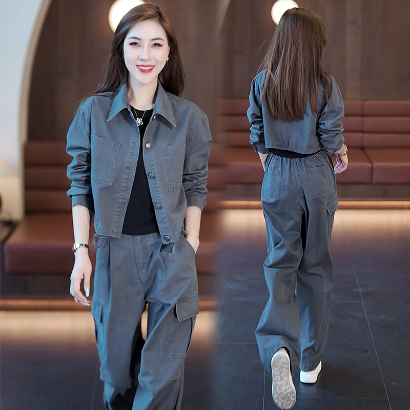 减龄高级感休闲时尚套装女早秋新款牛仔工装外套阔腿裤两件套洋气