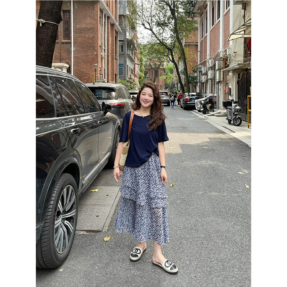 WenWen小个子夏新韩版时尚短袖T恤+高腰碎花半身裙两件套3718