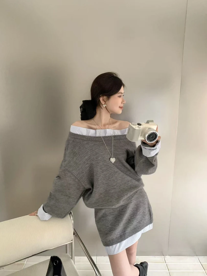 气质斜肩蝙蝠衫长袖上衣女早秋2025新款高腰短裙设计感拼接两件套
