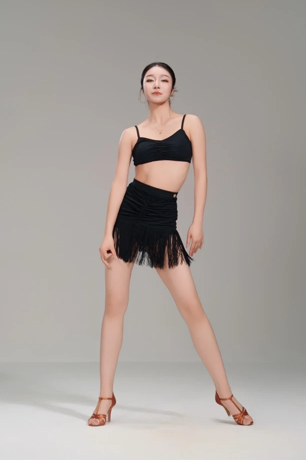 HoneyDance《女主角》005黑色分体流苏裙套装柔软舒适拉丁表演艺考