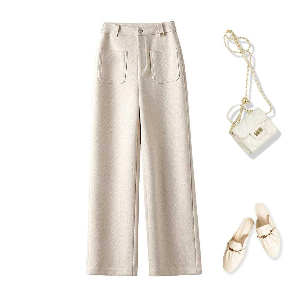 2025年冬季新款绵羊毛棋盘格阔腿裤高腰长裤拖地显瘦时尚直筒裤