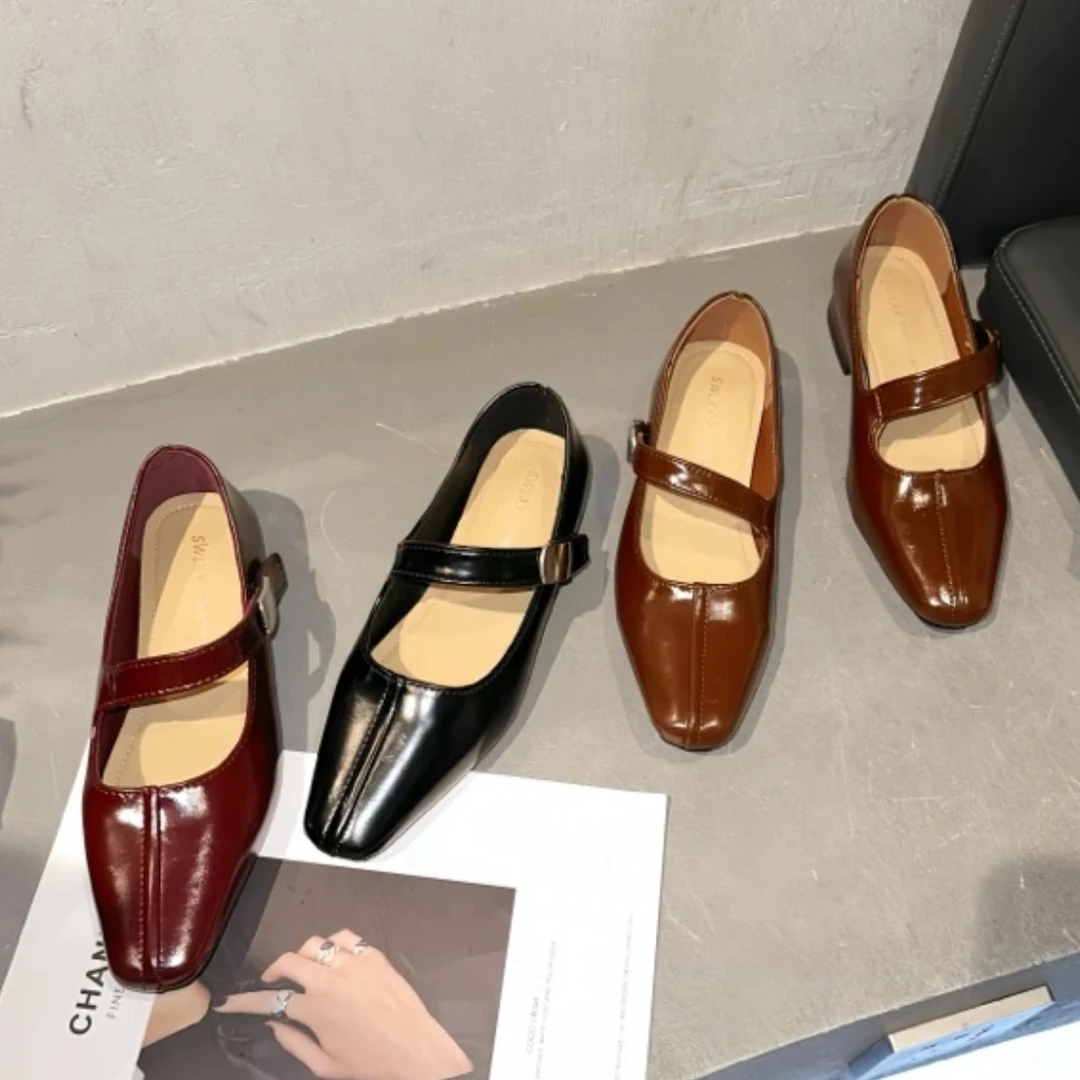 9086百搭舒适压皱软底软面高跟鞋细跟方头女鞋一字带鞋子