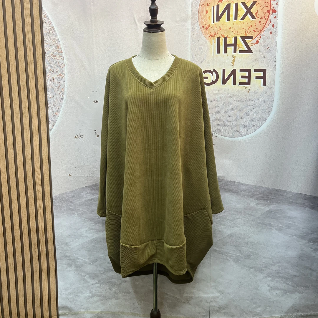 8626-33德泉峰冬季新款V领宽松中长款女套头显瘦百搭长袖上衣