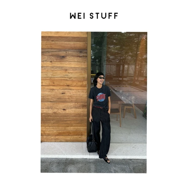 WEI STUFF  “美式街头”  时尚圆领纯棉印花破洞做旧短袖T恤 9439