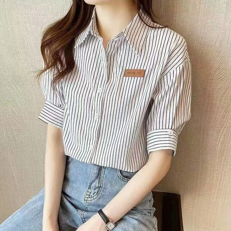 竖条纹衬衫女短袖2025春夏季新款韩版宽松上衣设计感小众衬衣