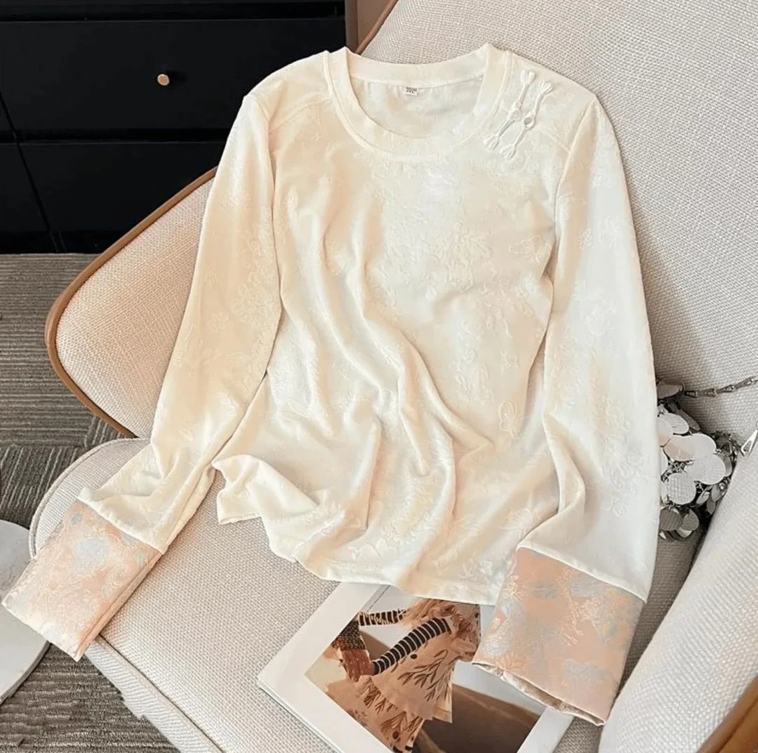 【斜肩扣】新中式国风春季新款百搭气质拼接袖口丝缎提花打底衫女