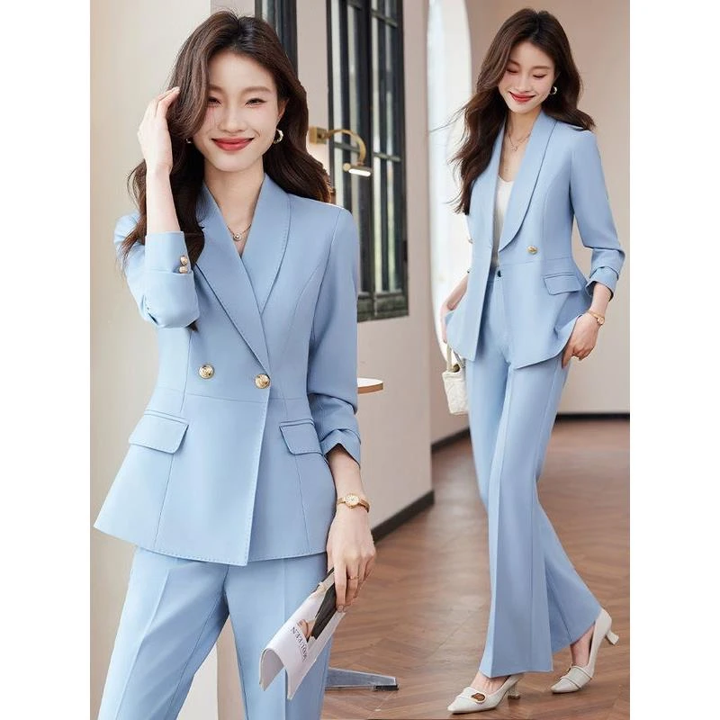 浅蓝色西装外套女2025新款艺考播音主持人面试正装职业小西服套装