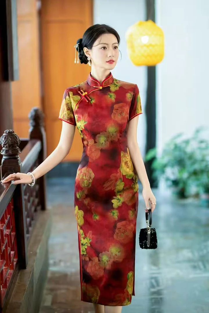 甜酷绸缎中国风文艺复古改良版气质旗袍连衣裙夏季走秀演出裙