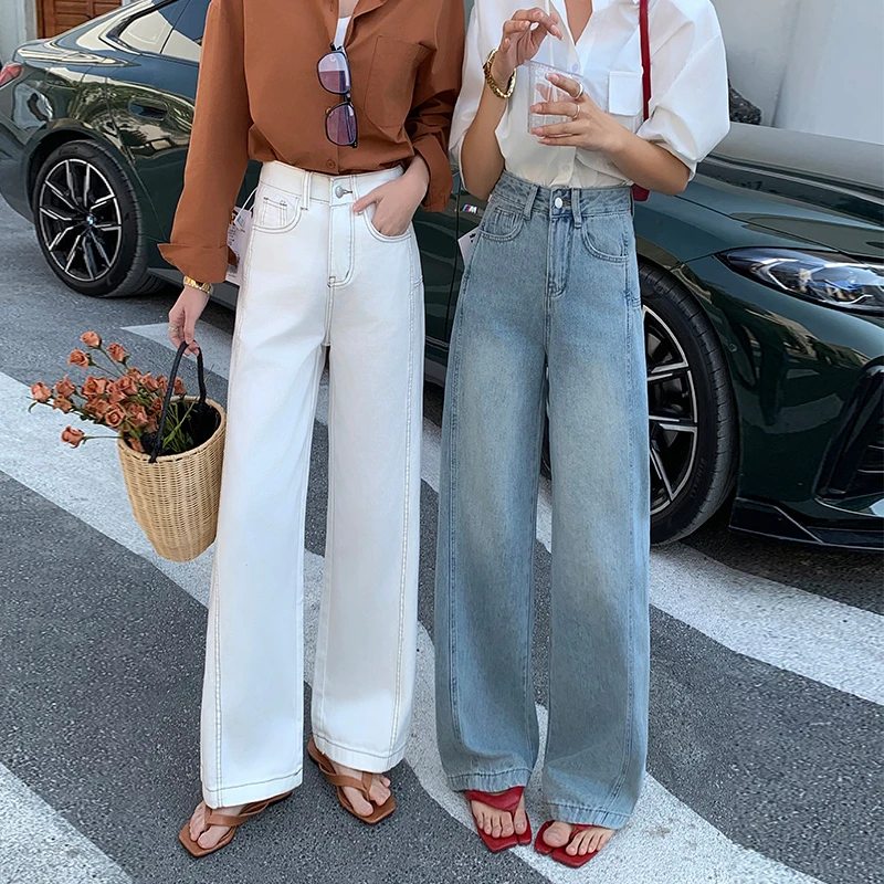 白色休闲牛仔裤女春夏新款高腰宽松显瘦直筒百搭垂感阔腿拖地长裤