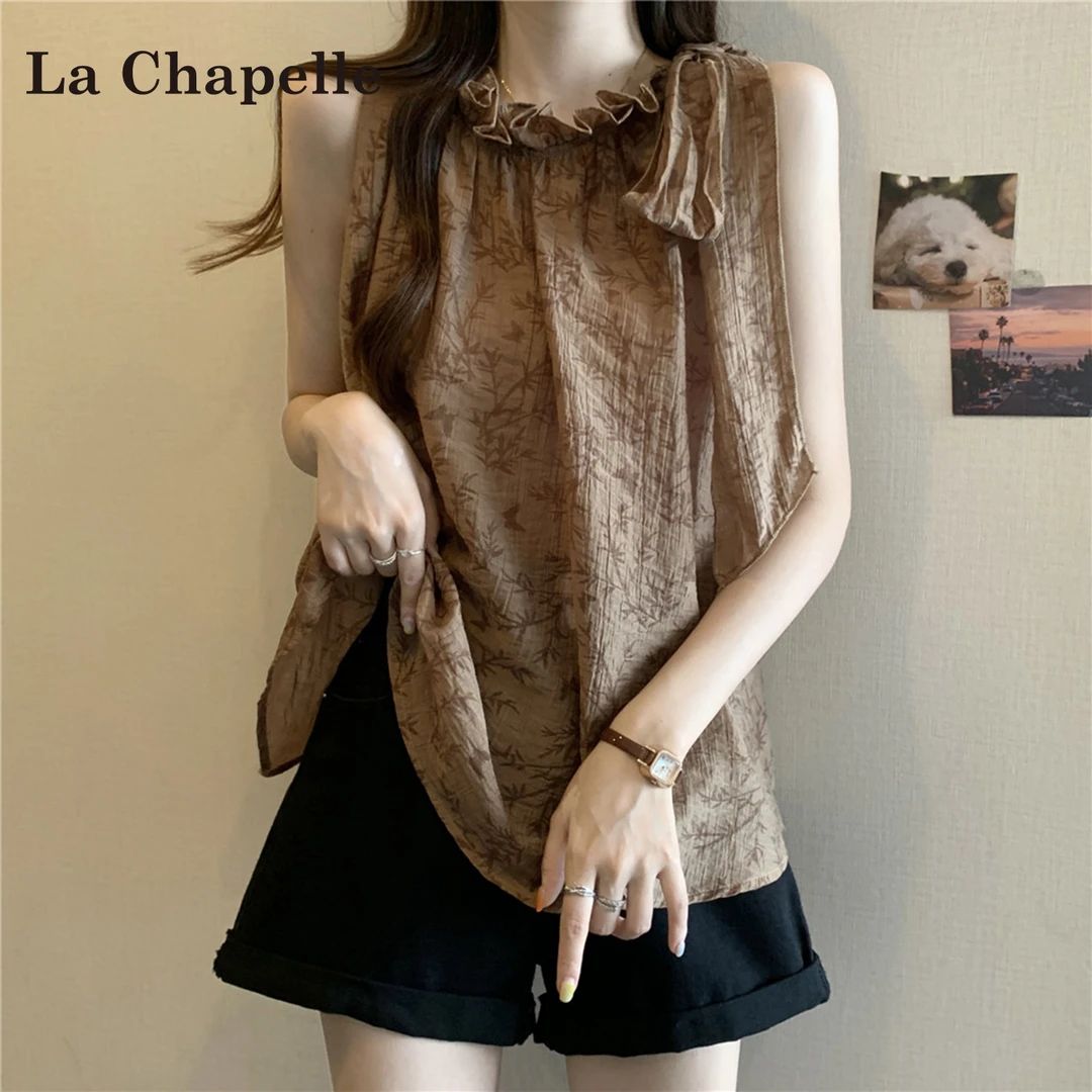 拉夏贝尔度假复古法式吊带女2025夏季新款百搭遮肚设计感显瘦上衣