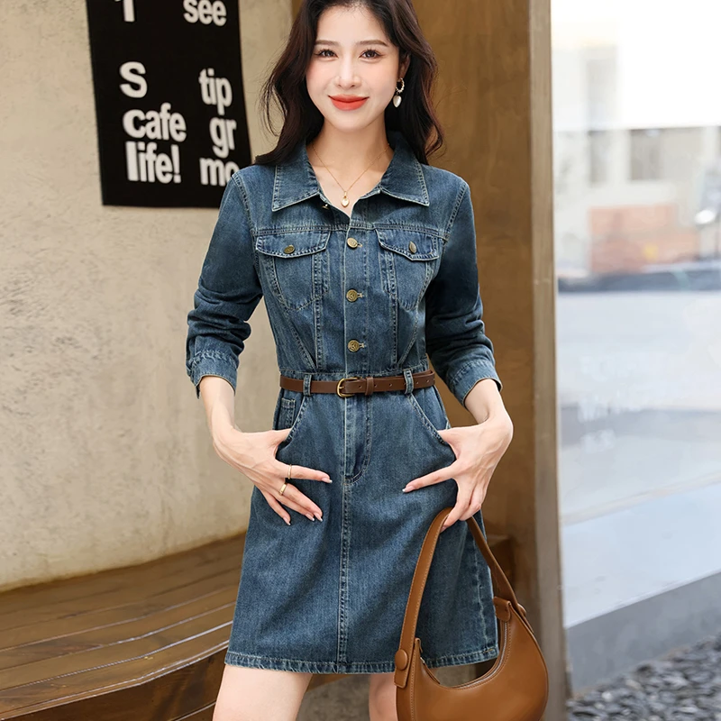 La babite中长款牛仔连衣裙女秋季新款长袖显瘦气质衬衫领A字裙