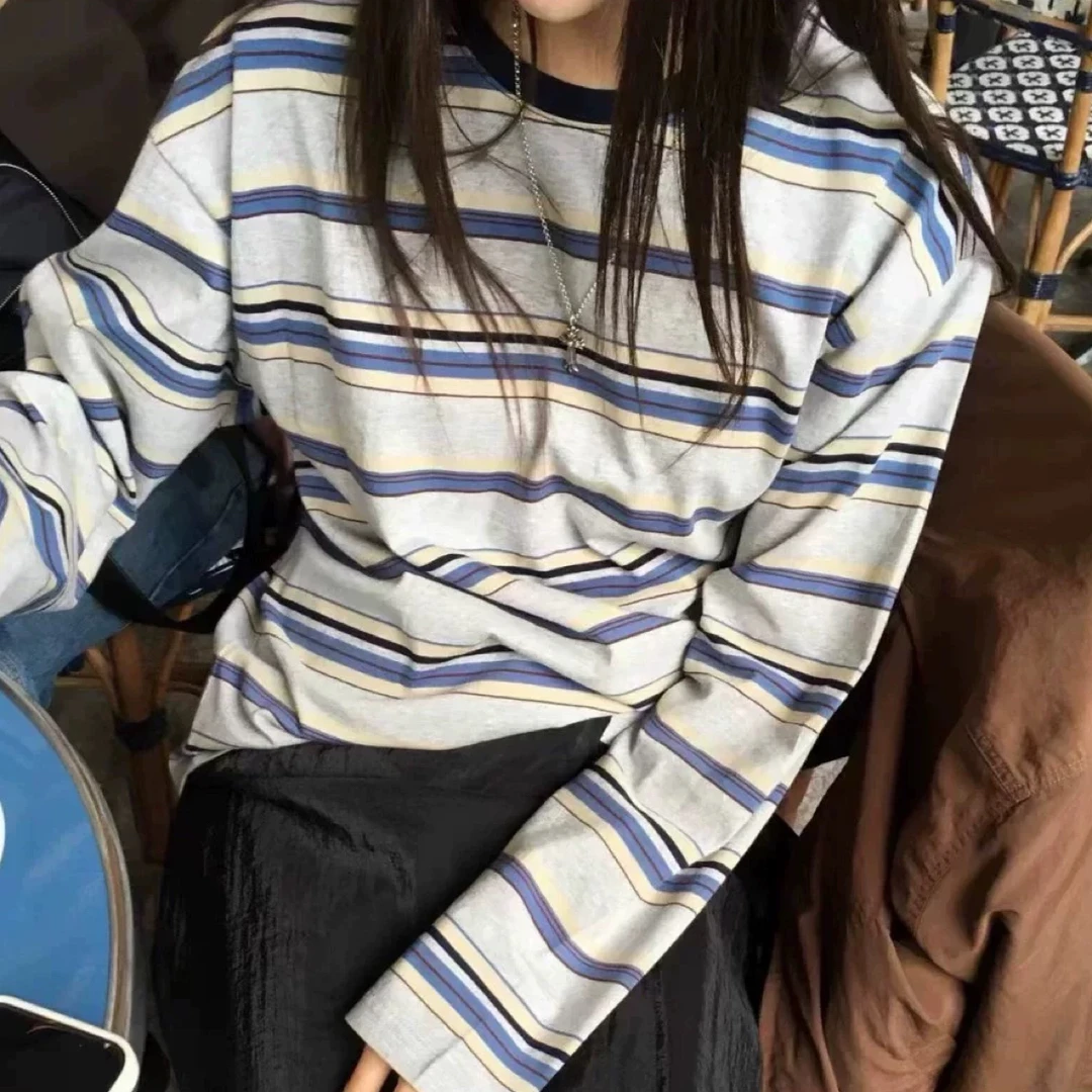 韩国代breathe秋季圆领减龄长袖条纹T恤女宽松慵懒风上衣