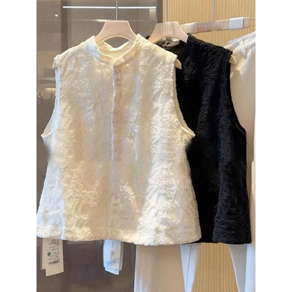新中式国风马甲背心女2025新款夏季防晒宽松外搭立领蕾丝马夹上衣