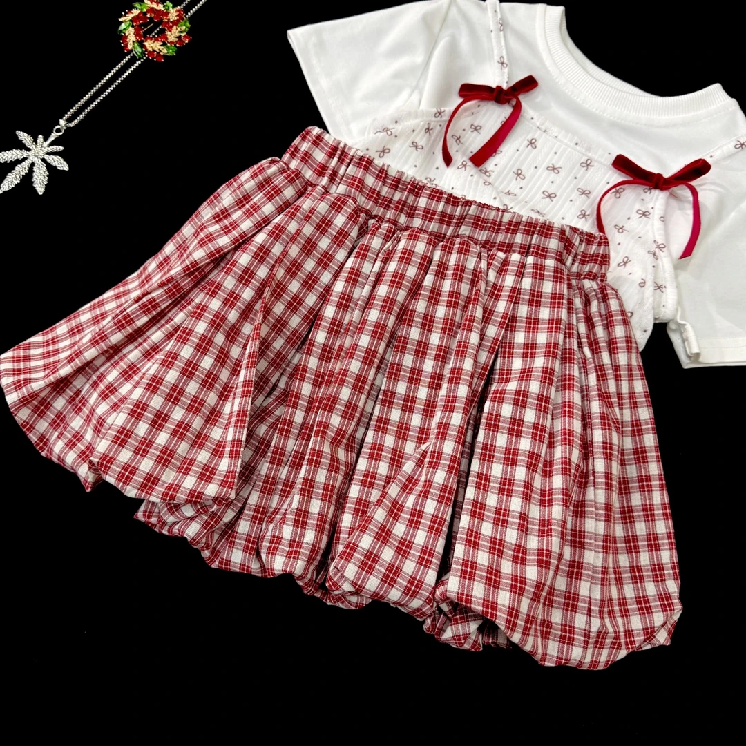 【现货】洋气韩版jk学院风红色百褶高腰短裙套装女童夏装时尚热