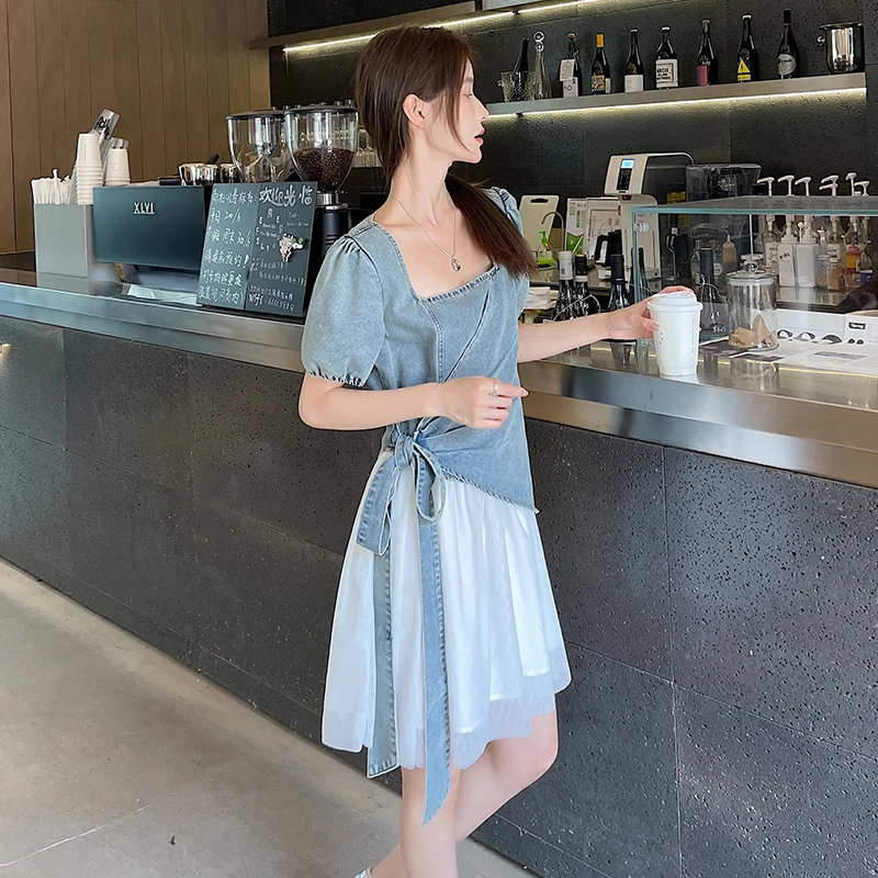 实拍牛仔拼色流行初夏穿搭蓬蓬裙子绑带收腰夏日绝美美连衣裙女