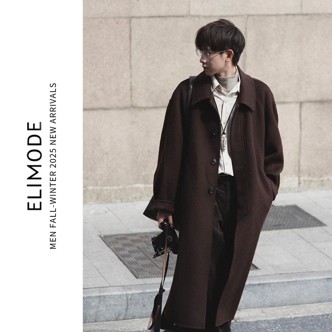 ELI【垢木】100%棉知识分子风松木棕腰带款廓形双面毛呢大衣冬季男