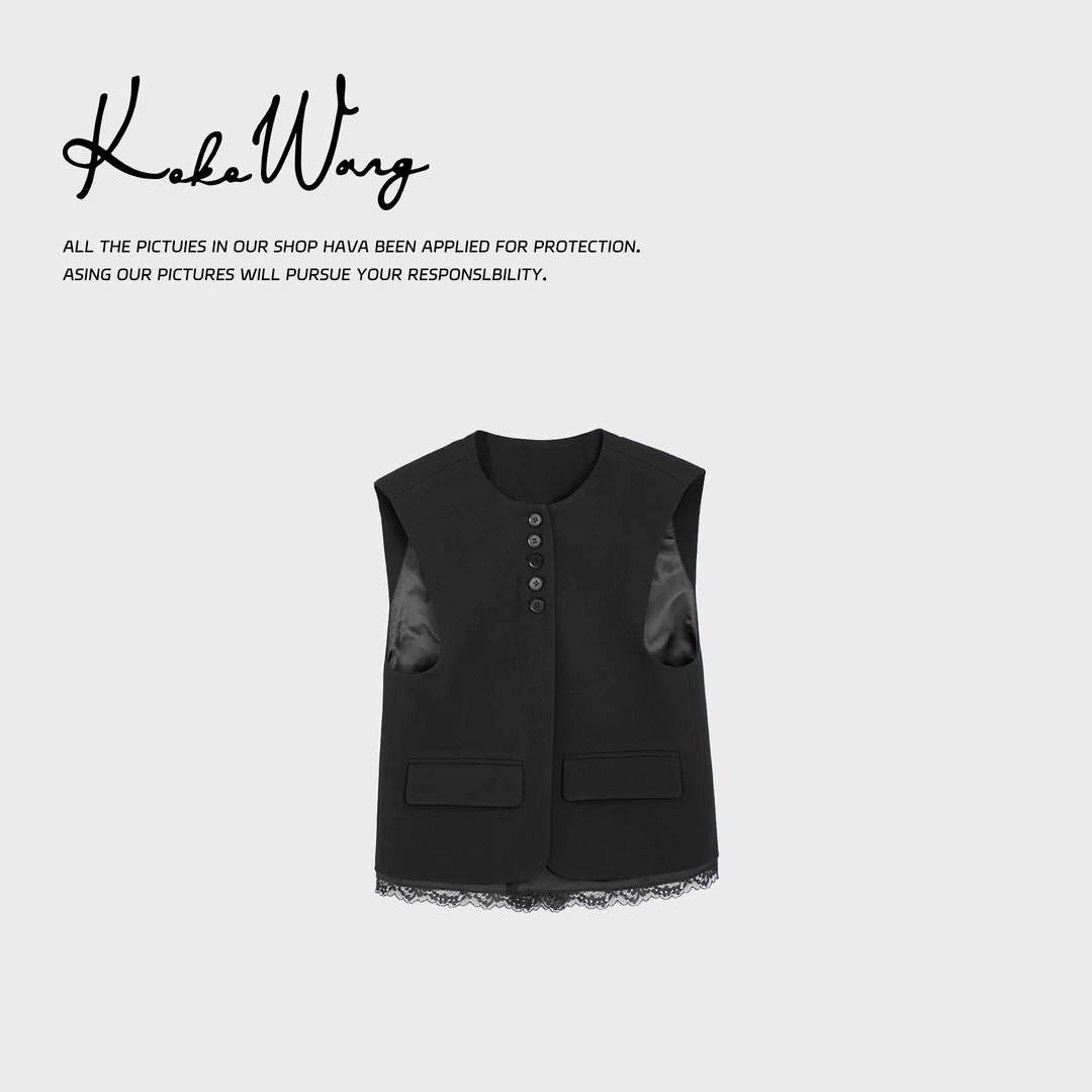 KOKOWANG小香风醋酸混纺蕾丝拼接高级百搭上衣马夹412444L24W43