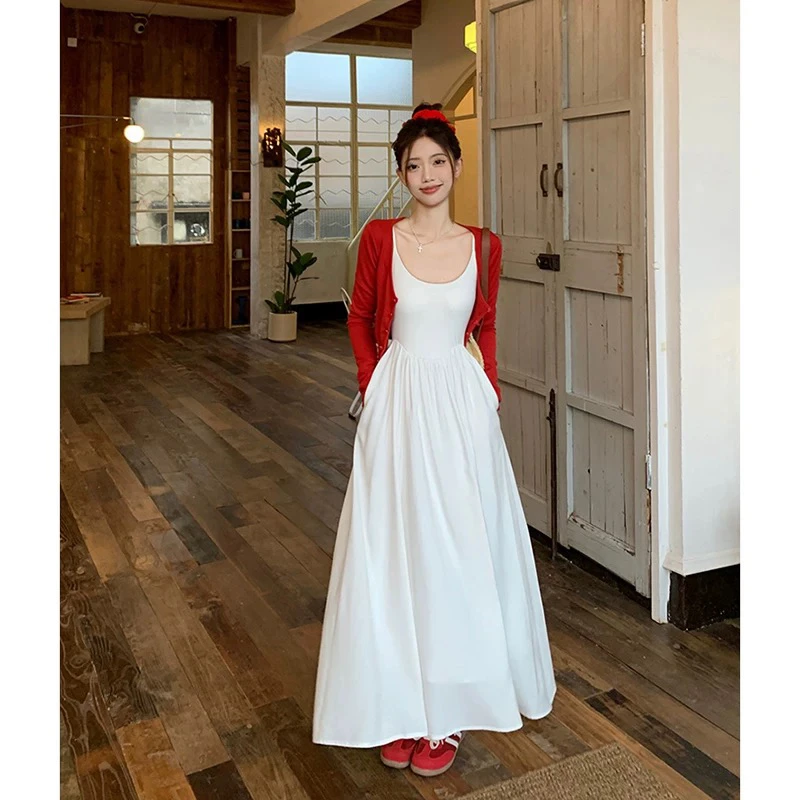 韩系温柔风白色吊带连衣裙红开衫两件套2025春季新款时尚显瘦套装