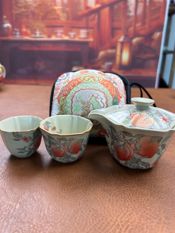 旅行茶具五福九桃一壶两杯手抓快客A10