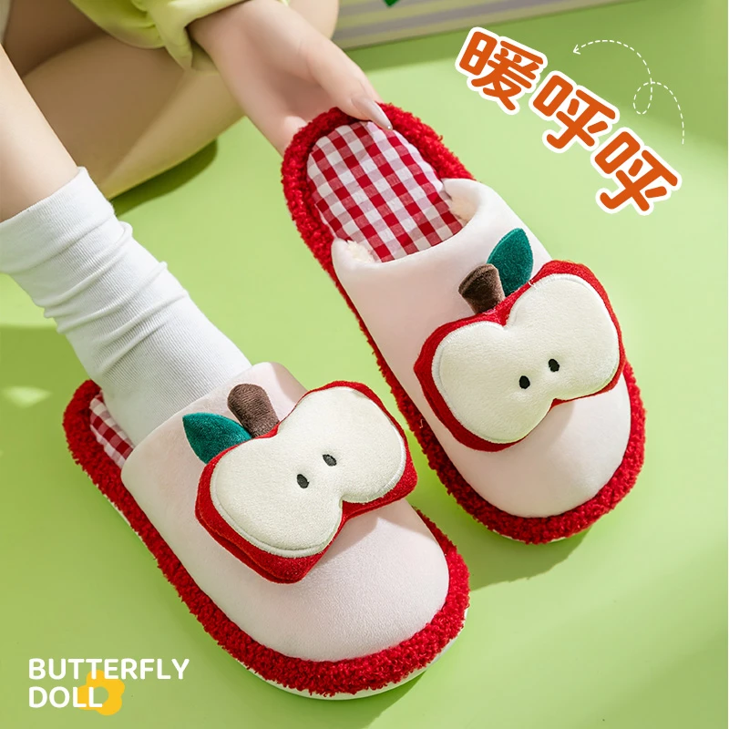 棉拖鞋女款2025新款卡通苹果厚底外穿踩屎感居家保暖包头棉拖鞋女