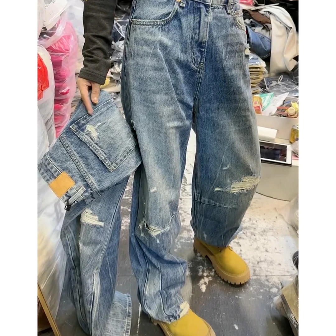 秋冬新款胖mm大码弯刀加绒加厚直筒拖地裤显瘦高腰阔腿牛仔裤女