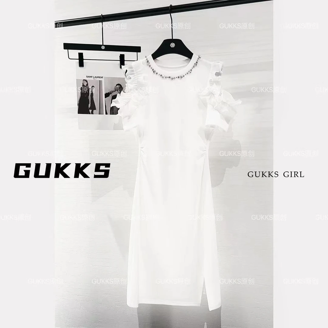 GUKKS夏季重工设计感花边褶皱显瘦气质连衣裙GK228