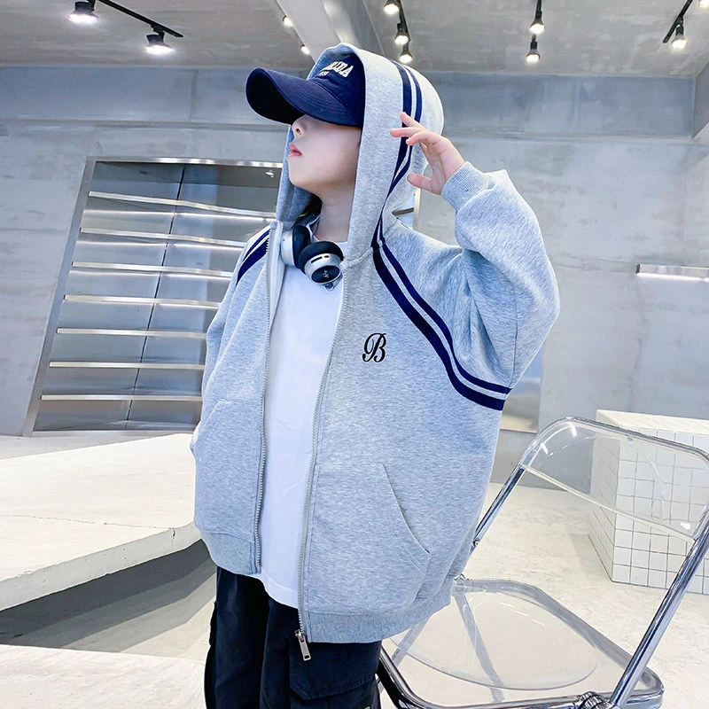 男童秋装韩系撞色运动外套2025新款春秋开衫连帽卫衣K243WT4659