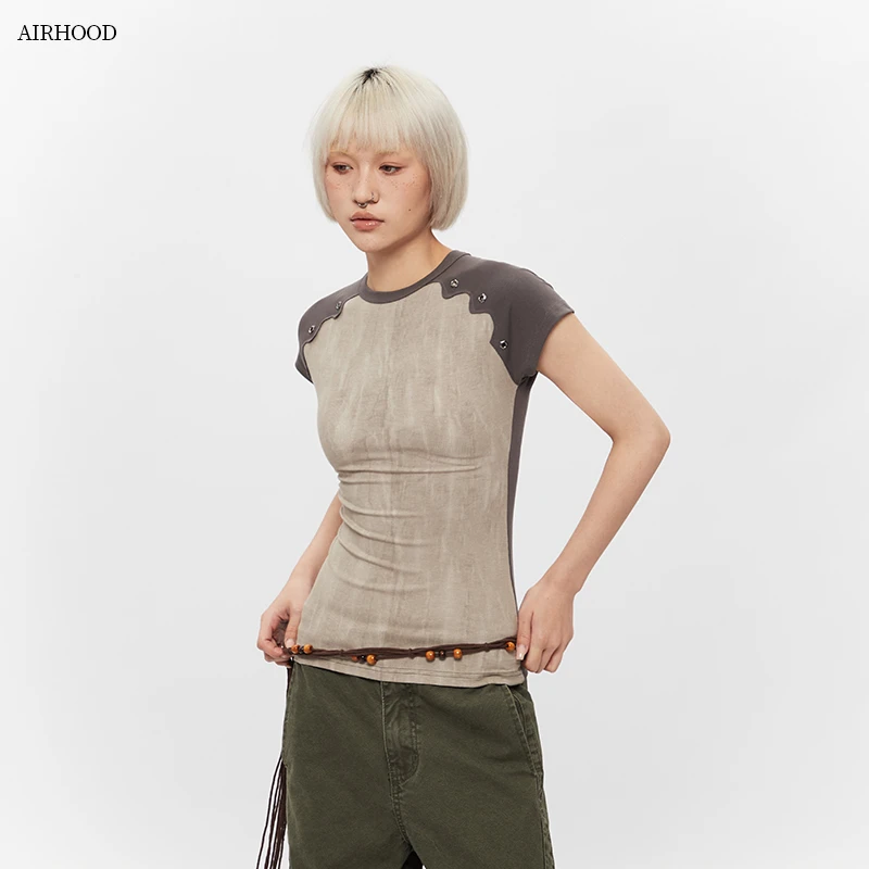AIRHOOD撞色拼接复古港风短袖t恤女INS修身显瘦气质百搭辣妹N5164