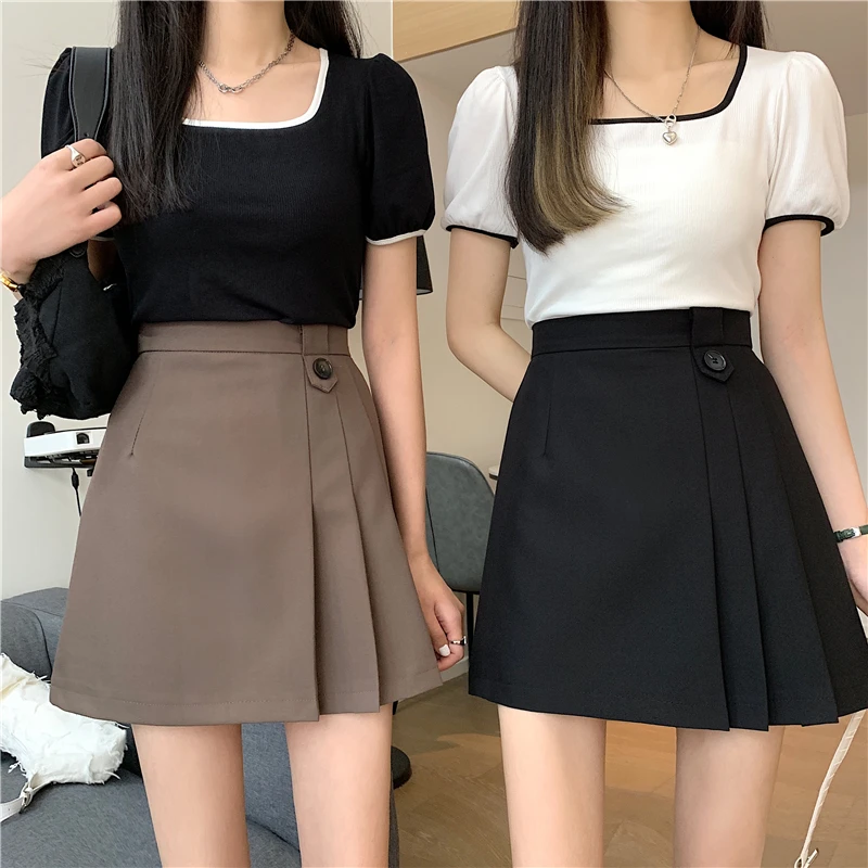 微胖女装夏季高腰显瘦半百褶A字包半身裙百褶裙女西服料防走光