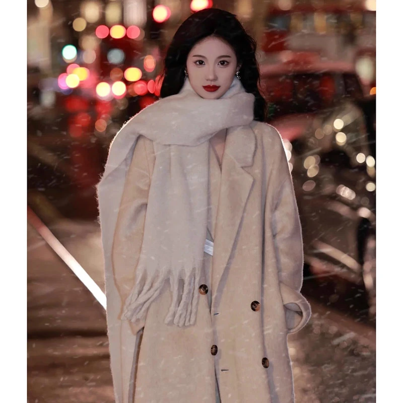 燕麦色双面羊毛呢大衣女2025秋冬新款韩版宽松中长款高端呢子外套