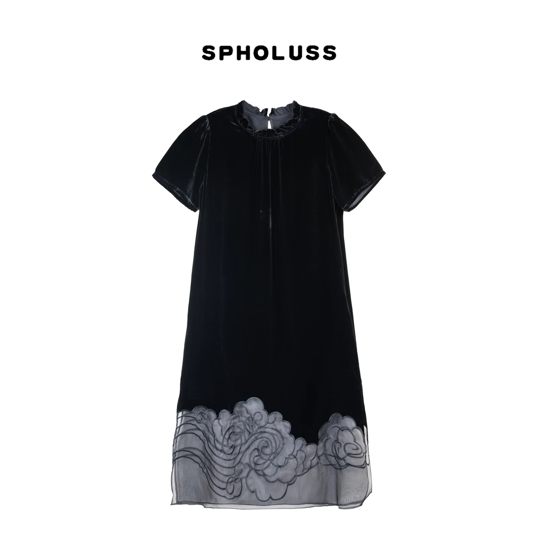 【丝芙玉禄】（K384）重磅100%真丝丝绒重工下摆拼接丝丝绒气质连衣裙