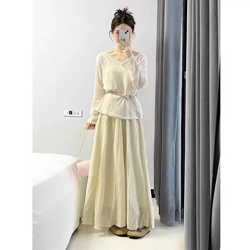 2025春秋新款甜美风气质宽松长袖高腰长裙两件套女高级感时尚套装