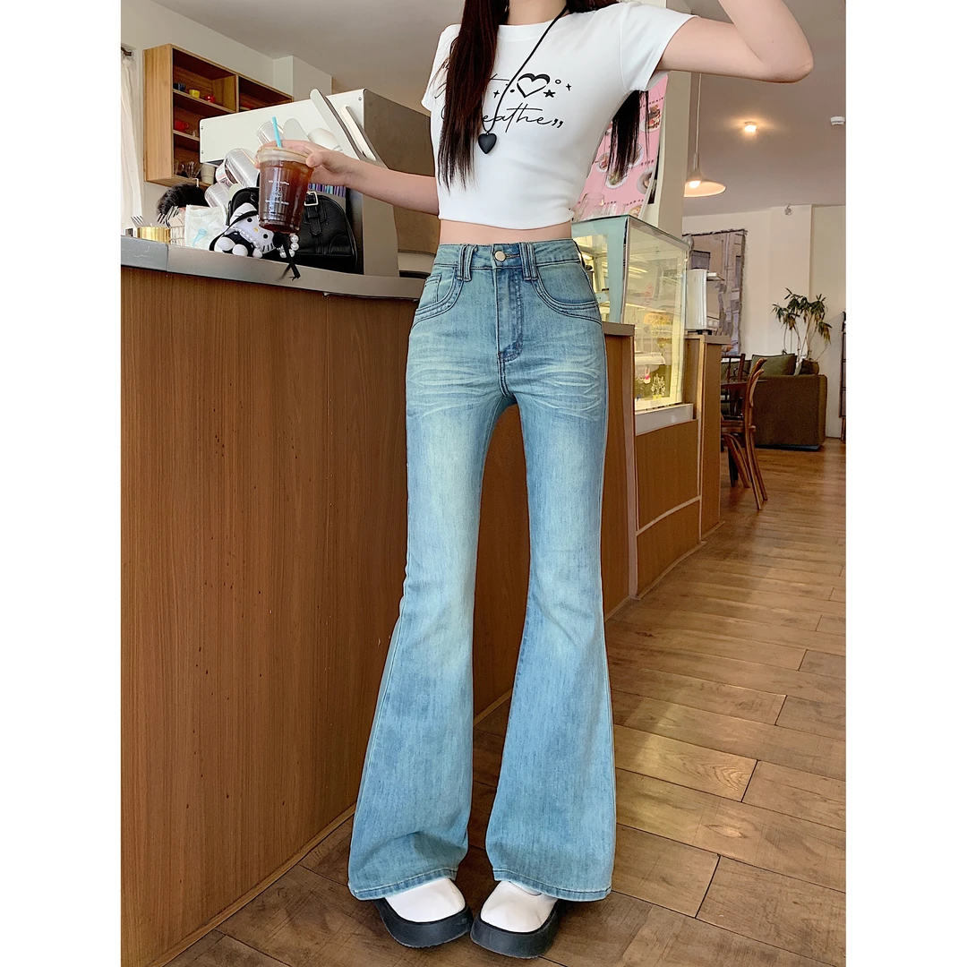 长2025夏装新款大码高腰显瘦修身喇叭牛仔裤复古微喇马蹄裤66133