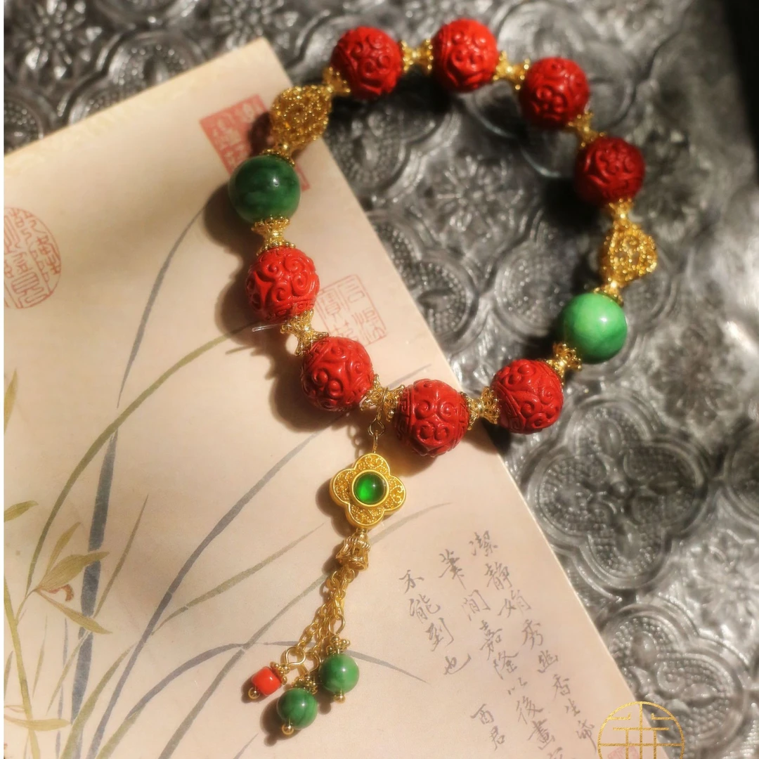铜合金手链 华翊堂原创设计铜镀金镶嵌宝石汉服配饰绿肥红瘦手链