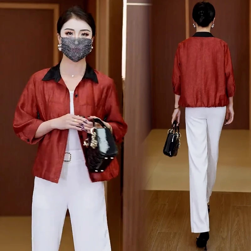 时尚七分袖衬衫女2025夏季新款洋气宽松显瘦百搭翻领拼接衬衣小衫