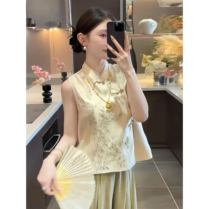 新中式国风套装女2025夏季轻奢气质立领盘扣马甲上衣休闲裤两件套