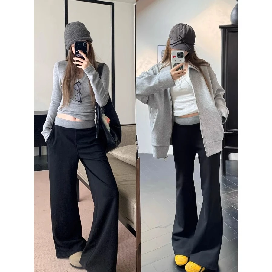 撞色微喇裤女2025春季新款高腰修身显瘦垂感拖地休闲运动卫裤