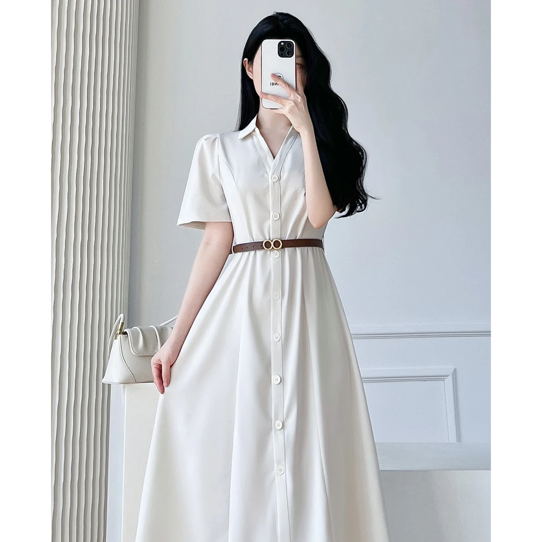 设计感polo短袖连衣裙夏季2025新款桔梗法式收腰气质单排扣衬衫裙